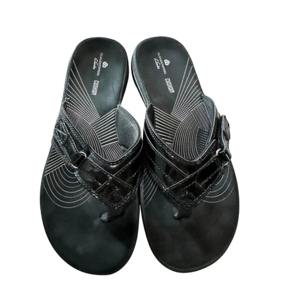 Clarks Cloudsteppers Black Patent Flip Flop Sandals Womens Size 8 Comfort